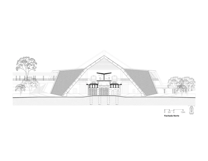 Elevation drawing showing the gabled entrance facade with a large canopy and flanking trees