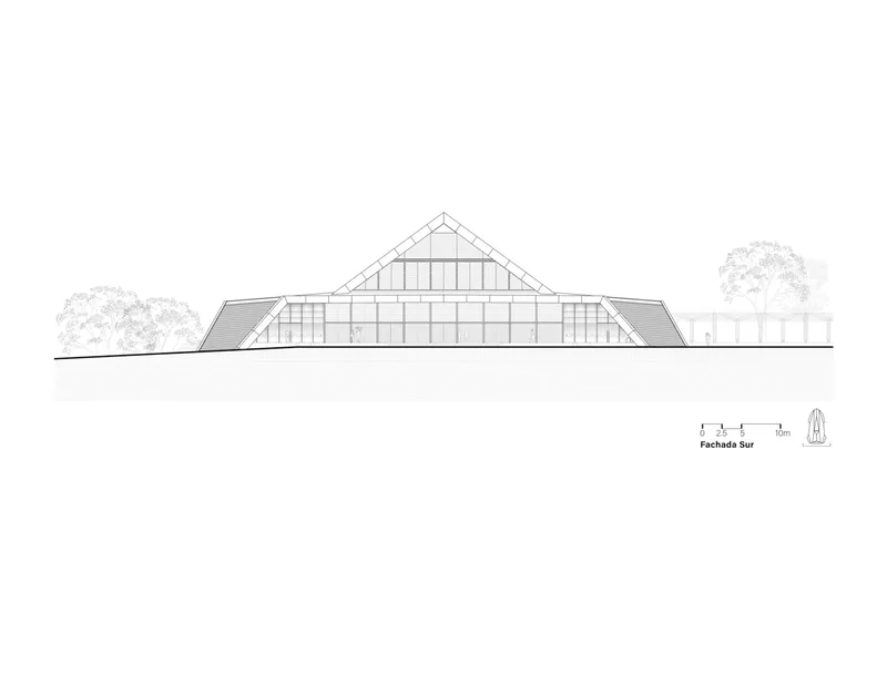 Elevation drawing of the symmetrical gabled facade with a glazed central section and sloping side roofs