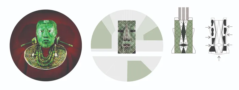 Diagram sequence showing a jade mask, arch geometries, lattice patterns and human figure studies