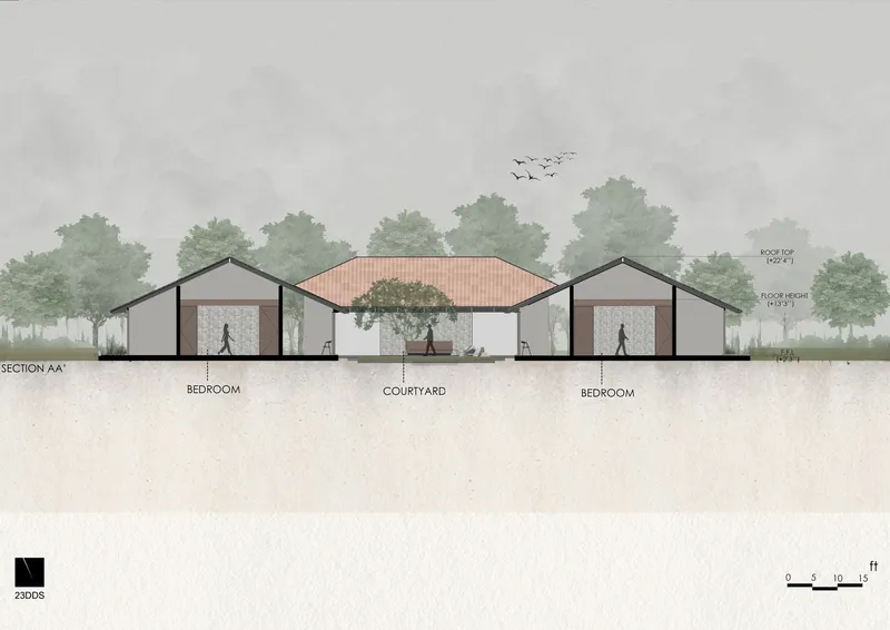 Section drawing showing three gabled volumes with central courtyard containing a tree and flying birds overhead