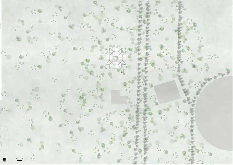 Site plan drawing showing a central building footprint among scattered trees and linear tree-lined pathways