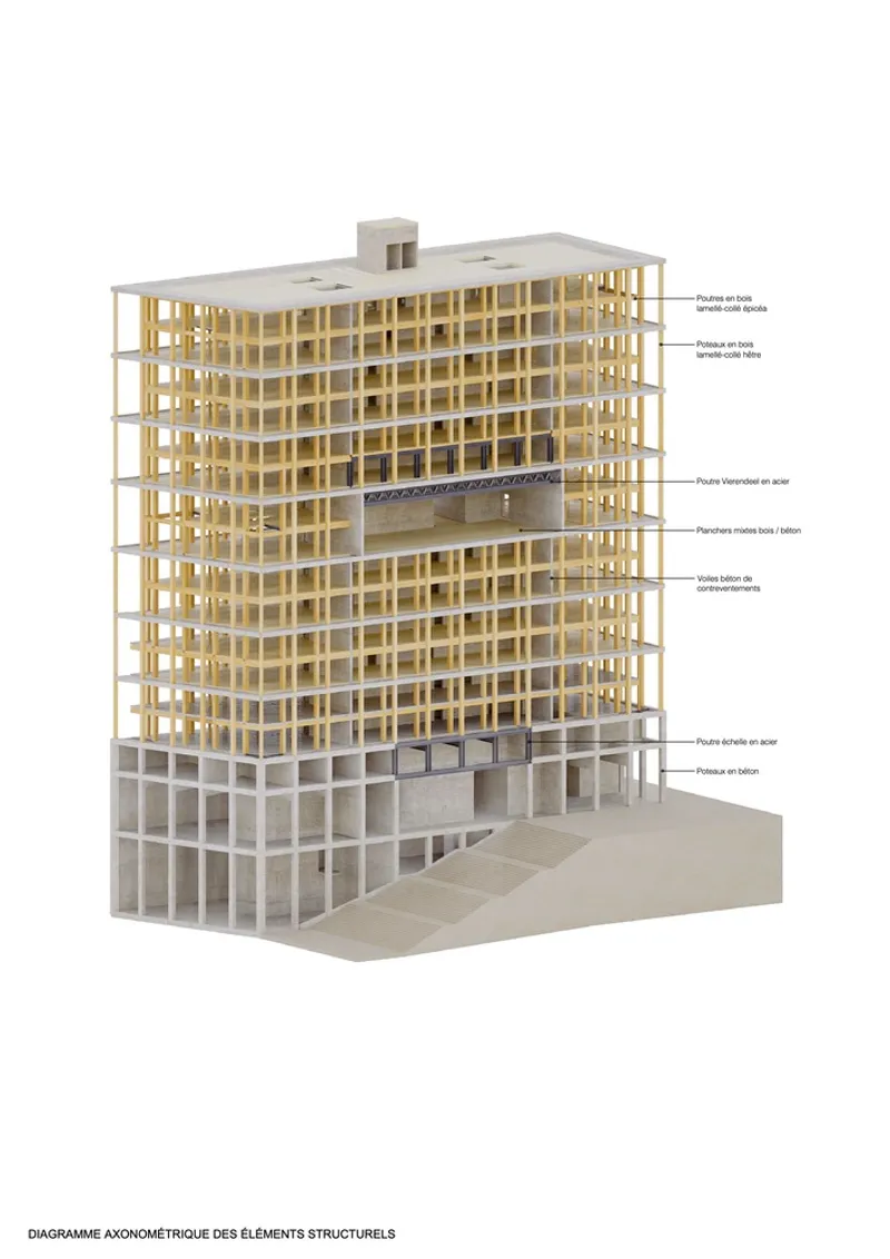 Axonometric model showing the structural system of a timber-framed tower with concrete base and rooftop element