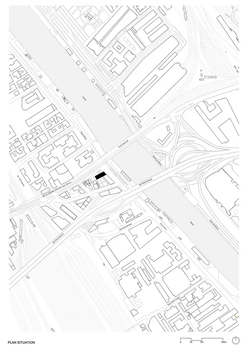 Site plan drawing showing the building footprint within the surrounding urban block and railway infrastructure