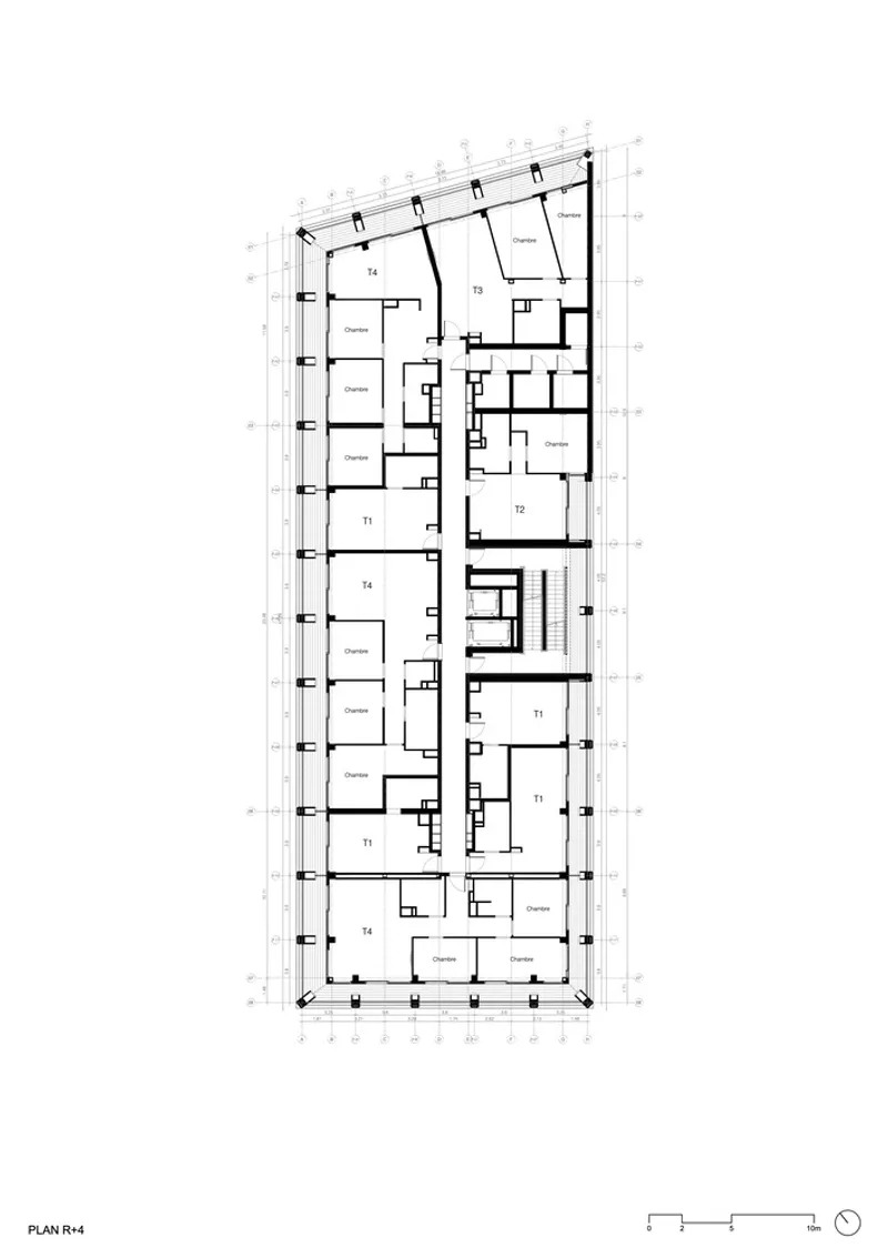 Floor plan drawing showing residential units distributed along a narrow angled footprint with central circulation core