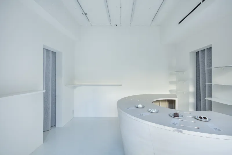 Curved counter with integrated opening and product display under exposed ceiling joists