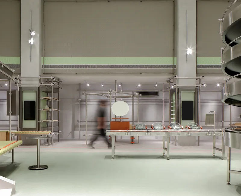 Metal display tables arranged in rows with a blurred figure walking through the space