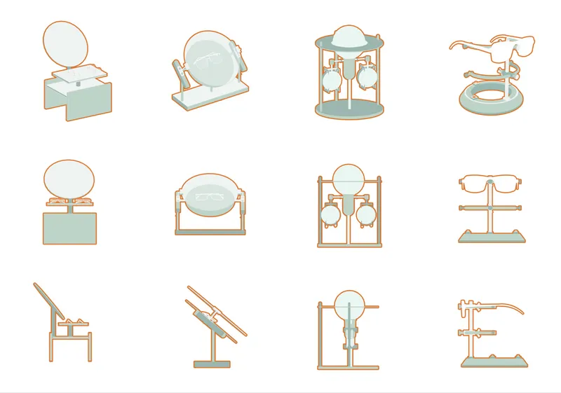 Axonometric drawing of twelve display stand variations with circular mirrors and glass platforms in pale blue