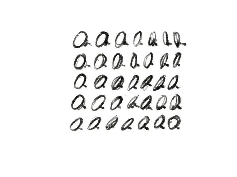 Pencil sketch showing repeated variations of the lowercase letter a arranged in five horizontal rows