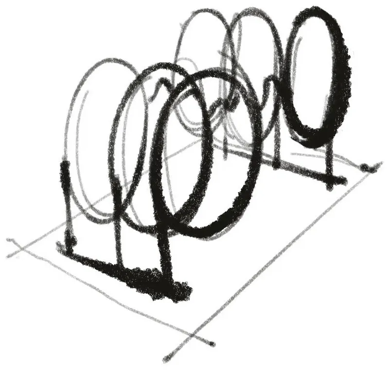 Charcoal sketch showing overlapping circular forms mounted on vertical supports with diagonal construction lines