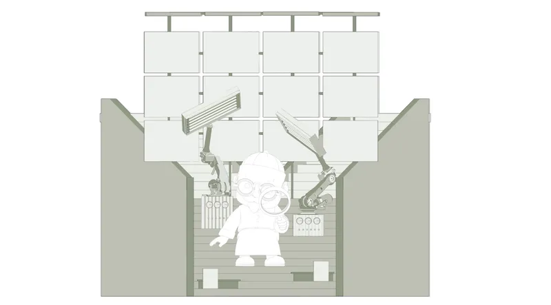 Section drawing showing interior volumes with sculptural figure and stairs beneath a paneled ceiling grid