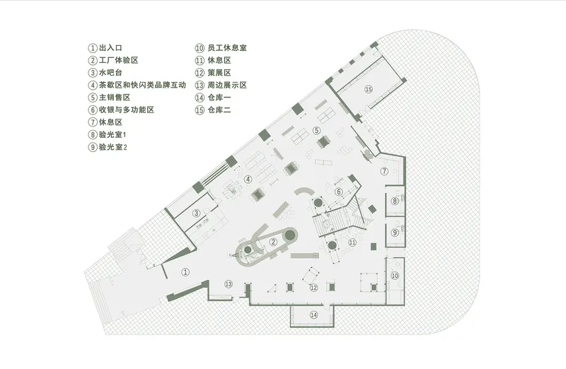 Floor plan drawing with numbered zones and curved exterior boundaries outlined in hatching