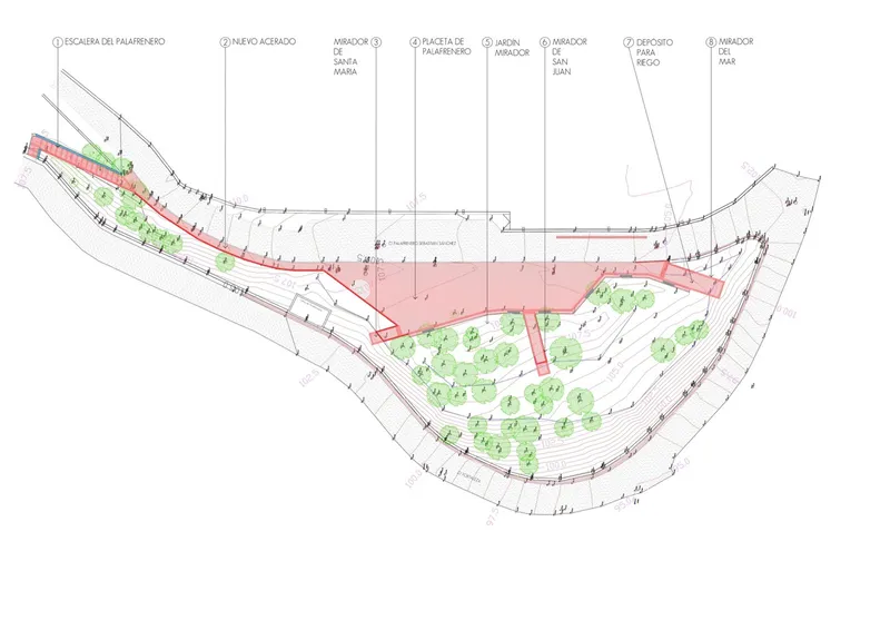 Site plan drawing showing a curved terraced structure with planted areas and pedestrian circulation zones