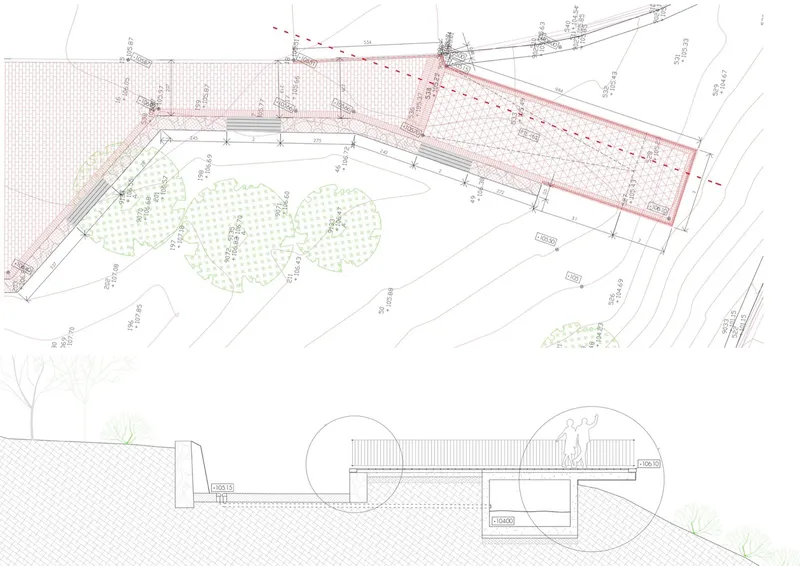 Plan and section drawing illustrating the angular roofline and circular planting beds with trees