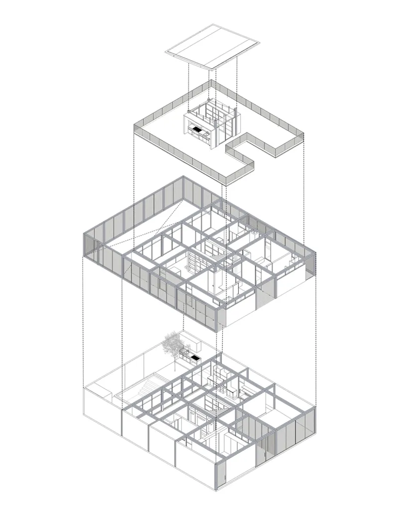 Axonometric drawing showing three stacked floor levels with courtyard voids and central circulation core