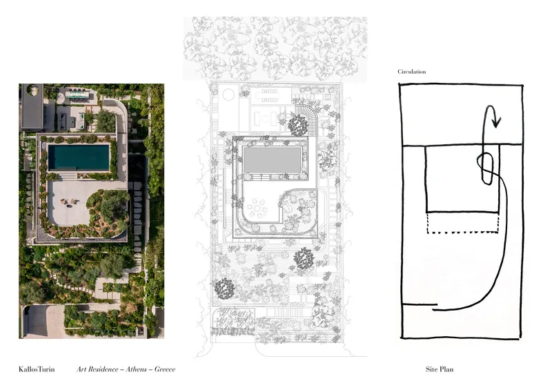 Site plan drawing showing pool, terraced gardens, and building footprint with circulation paths