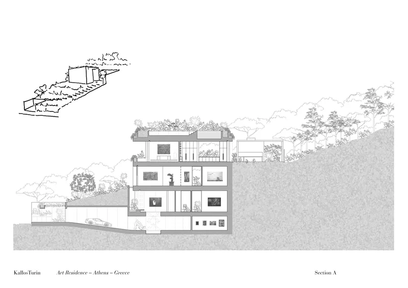 Section drawing showing multi-level house carved into hillside with planted roof terraces and trees