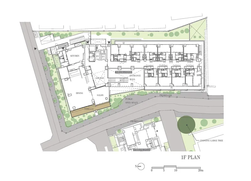First floor plan drawing showing residential units arranged along a sloped site with public open space