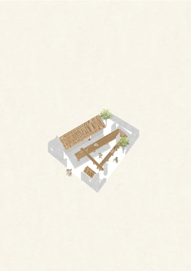 Axonometric drawing showing a courtyard building with timber roof structure and interior plantings