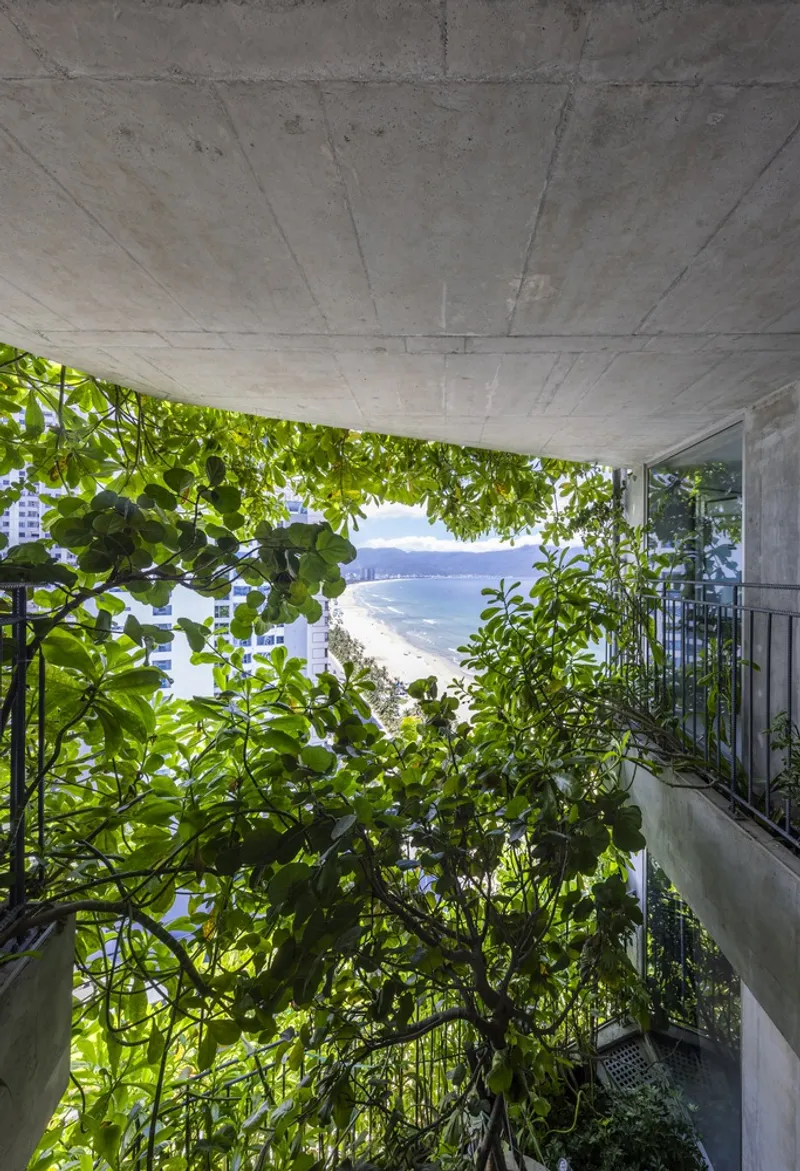 View through concrete canopy with dense climbing vegetation framing a distant coastal view and beach