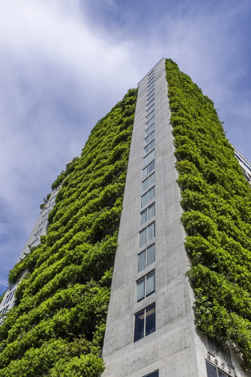 Upward view of the tower showing vertical green wall panels separated by concrete columns under blue sky