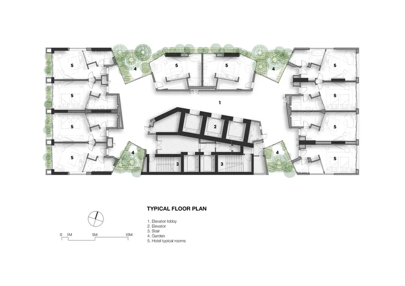 Floor plan drawing showing residential units arranged around central circulation core with corner garden terraces