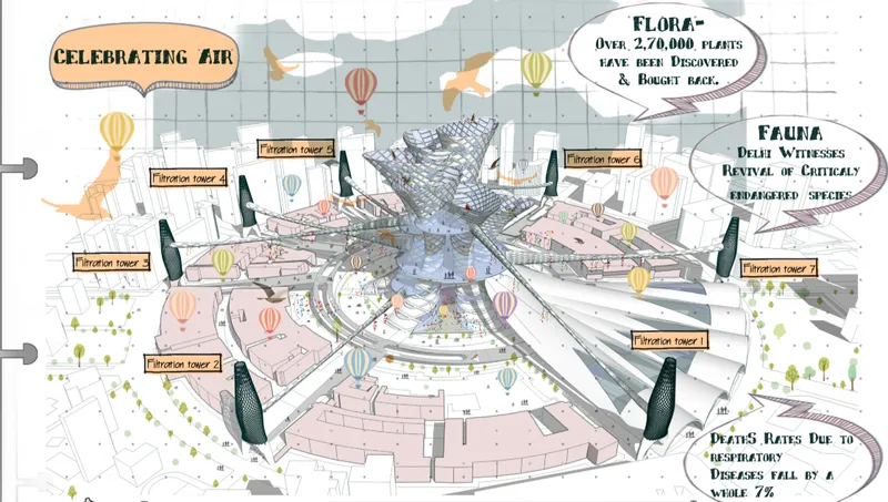 Axonometric rendering of a central tower surrounded by migration corridors with hot air balloons drifting overhead