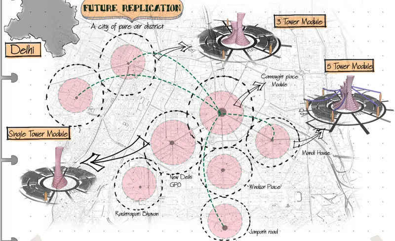Diagram illustrating a modular tower system with circular zones of influence radiating across an existing urban grid