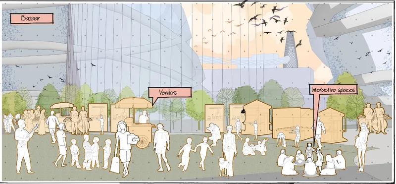 Sketch of a public plaza with vendor kiosks and pedestrians beneath a glass enclosure at dusk