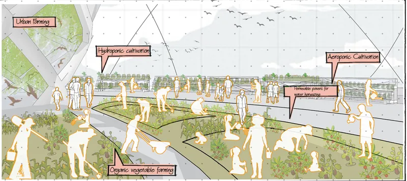 Illustration of rooftop cultivation terraces with hydroponic and aeroponic systems populated by visitors and flying birds
