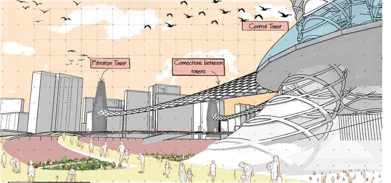 Drawing of latticed bridges connecting vertical towers above a planted plaza with gathering crowds below