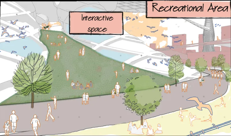 Rendered view of a sloped lawn recreational area with scattered trees and pedestrians under afternoon light