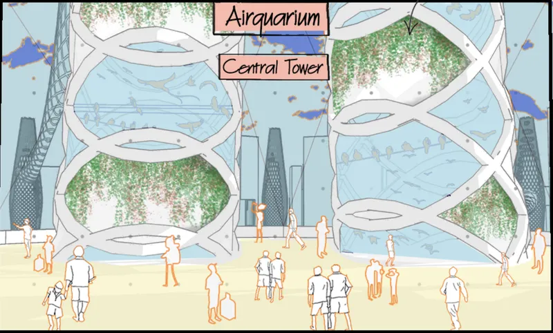 Section drawing showing the airquarium structure with circular chambers containing planted foliage and visitors below