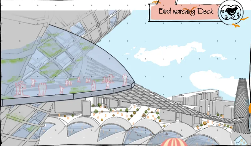 Perspective sketch of an elevated bird watching deck overlooking curved glass enclosures and urban skyline