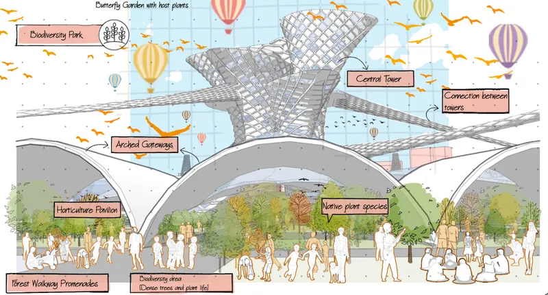 Sectional perspective showing arched pavilions beneath a lattice tower with hot air balloons and butterflies overhead
