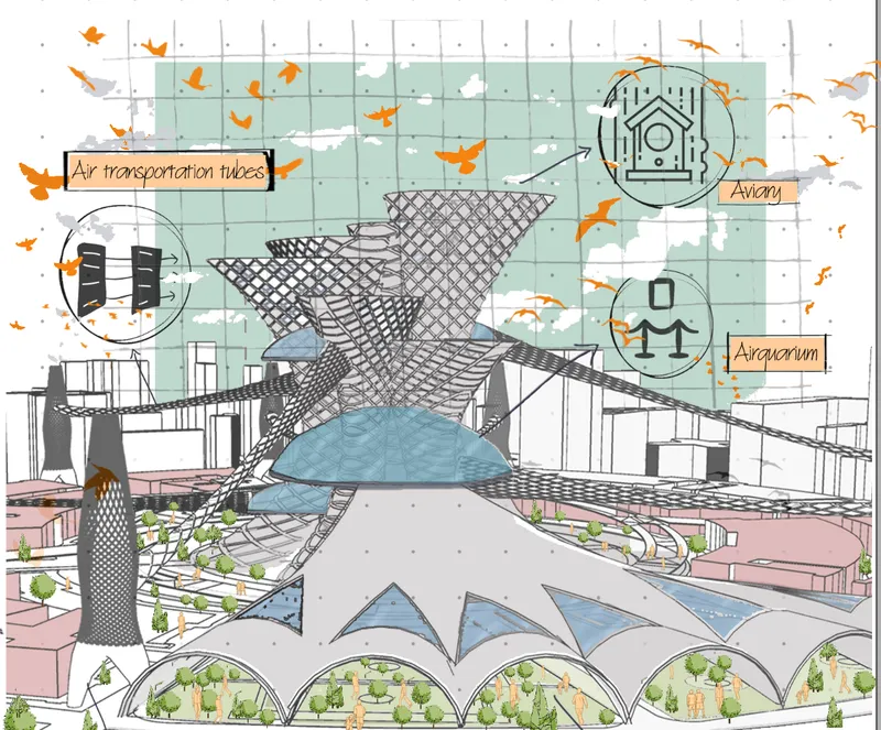 Perspective section drawing showing a netted canopy structure with air transportation tubes and aviary above planted domes