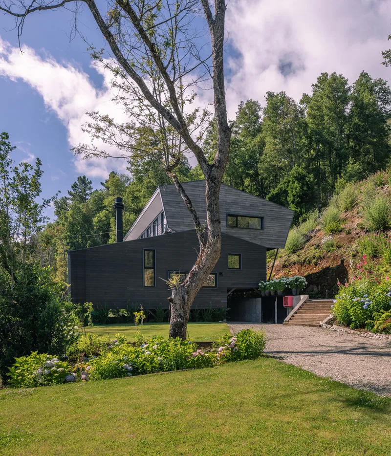 Black-stained wood facade with scattered punched windows and sloped roof under a summer sky