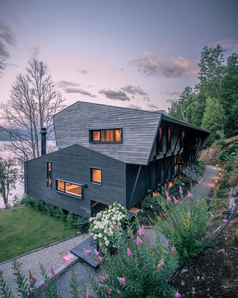 Elevated view of the dark timber-clad volumes with illuminated windows among flowering foxgloves at dusk