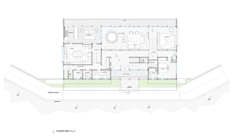 Combined second and third floor plan drawing revealing living spaces, circulation cores, and a long planted terrace