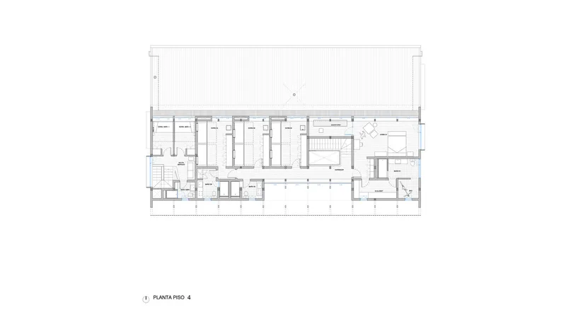 Fourth floor plan drawing displaying bedroom suites, staircases, and a generous rooftop terrace at top