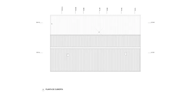 Roof plan drawing illustrating the horizontal banding of corrugated surfaces and roof access points