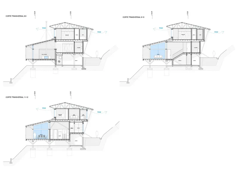 Set of three transverse section drawings showing multi-level volumes with exposed timber roof trusses and structural columns