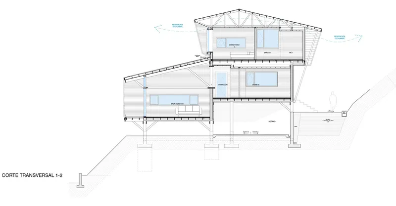 Transverse section drawing revealing stepped levels connected by a staircase beneath a pitched roof with truss structure
