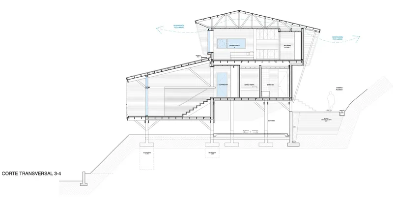 Transverse section drawing showing interior spaces distributed across three levels with labeled rooms and concrete foundation piers