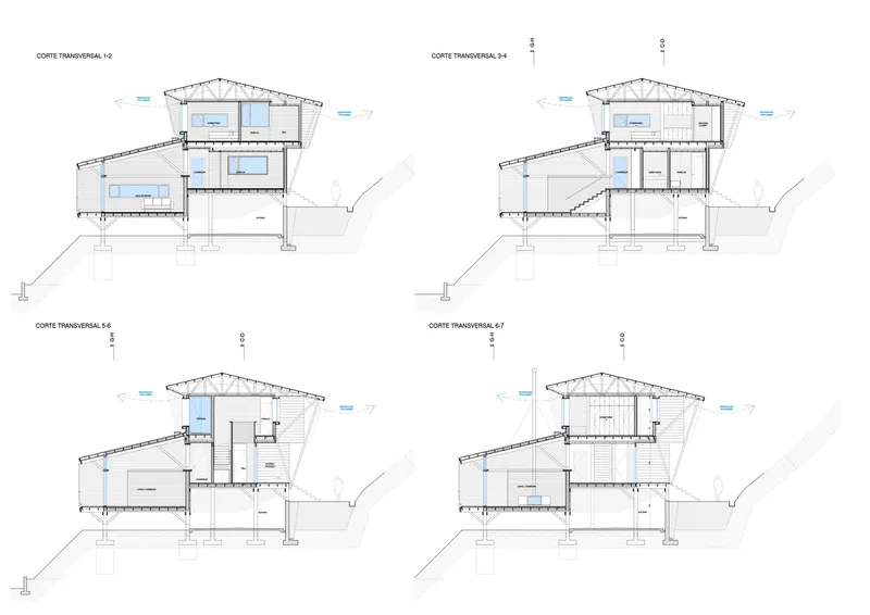 Four transversal section drawings showing the sloped site, split-level interiors, and pitched roof structure
