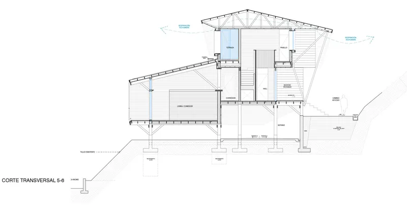Transverse section drawing depicting a central double-height stairwell flanked by lower volumes under separate pitched roofs