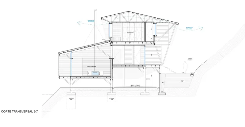 Transverse section drawing illustrating the full height of the building from foundation to timber truss roof structure