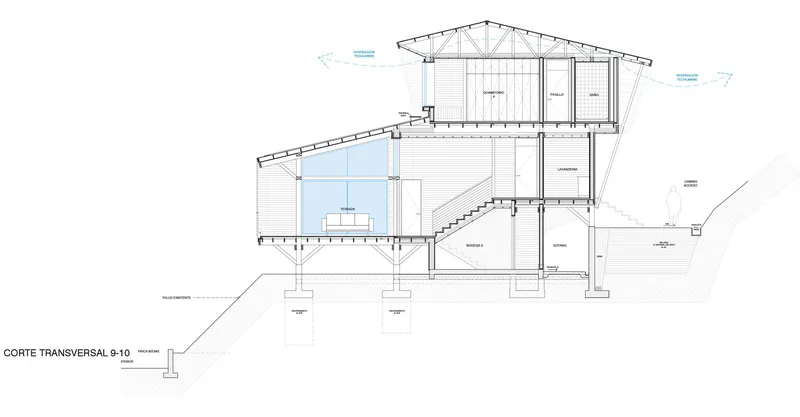 Transverse section drawing showing the split-level interior with a double-height living space and exposed truss roof
