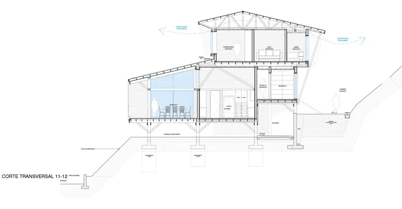 Transverse section drawing revealing the staircase connection between levels and glazed living area opening to landscape