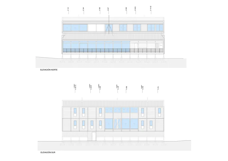 North and south elevation drawings showing the two-story massing with horizontal siding and fenestration pattern