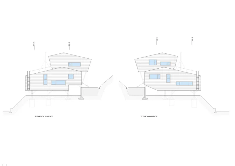 East and west elevation drawings displaying the staggered gabled volumes on sloped terrain